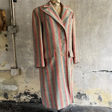 Vintage 1930s Red Blue Green & Ecru Striped Wool Coat Art Deco Full Length