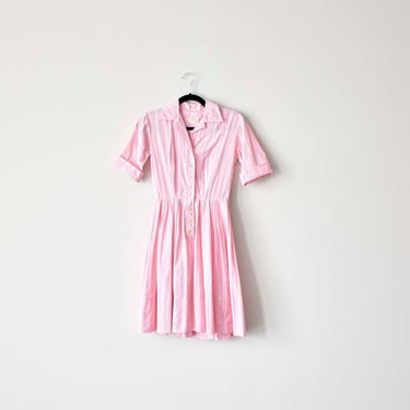 Vintage Pink & White Gingham Shirt Dress / 1950s Gingham Shirt Dress / Vintage Pink Checkered Dress / Vintage Pinup Dress / 1950s Day Dress 