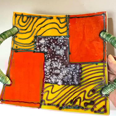 Vintage Juozas Rasa Saldaitis Colorful Glazed Modern Art Studio Pottery Console Bowl~ Lithuanian art wall platter~ abstract, orange yellow 