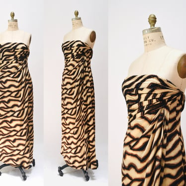 2000s y2k Vintage Bob Mackie Gown Dress Zebra Animal Print Beaded Dress Strapless Silk Evening Gown Small Medium Bob Mackie Pageant Dress 