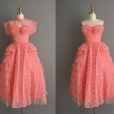 vintage 1950s Dress | Peach Pink Cupcake Tulle Party Prom Full Skirt Dress | Small 