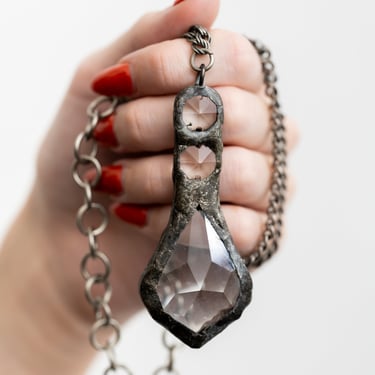 Pewter Long Teardrop Triple Crystal Pendant Necklace