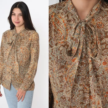 70s Floral Shirt Ascot Blouse Neck Tie Top Vintage Paisley Bow Secretary 1970s Button Up Boho Long Sleeve Brown Bohemian Vintage Small 