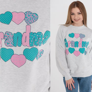 Grandma Sweatshirt 90s Grandmother Pullover Sweater Heart Balloon Letters Graphic Shirt Heather Grey Pink Teal Floral Vintage 1990s Medium 