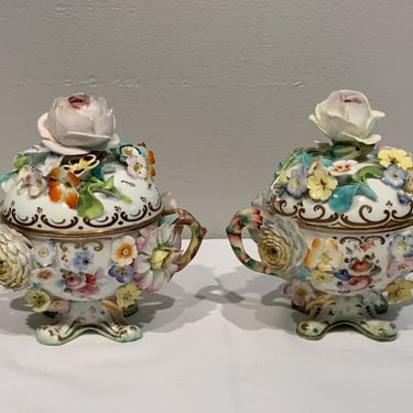 2 Antique Coalport Coalbrookdale Floral Encrusted Cup And Lid Set, victorian tea set, victorian era decor, porcelain collectors gift, 