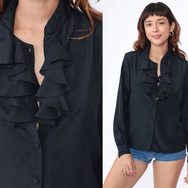 Black Tuxedo Shirt Ruffle Blouse 80s Button Up Top 1980s Victorian Vintage Long Sleeve Secretary Shirt Small 6 S 