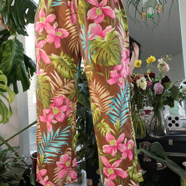 Vintage 100% Silk Cropped Tropical Patterned Drawstring Trousers