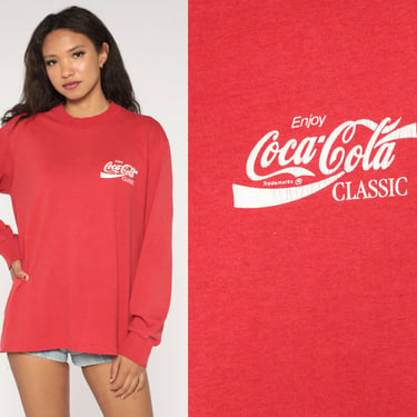 Vintage Coke Shirt 80s 90s Coca Cola Classic T Shirt Single Stitch Graphic Tshirt Red Long Sleeve Tee 1990s Fruit of the loom Medium Large 