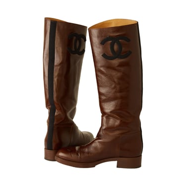 Chanel Brown Jumbo Logo Riding Boots