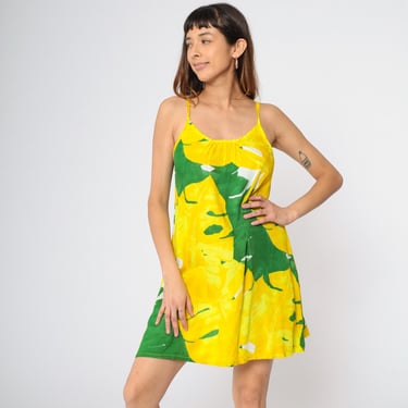 Tropical Mini Sundress Y2K Leaf Print Dress Yellow Green Shift Sleeveless Aloha Summer Tank Spaghetti Strap Vintage 00s Small 5 