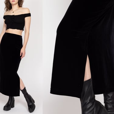 Medium 90s Minimalist Black Velvet Maxi Skirt | Vintage High Waisted Grunge Side Slit A Line Skirt 