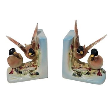 Vintage Norcrest Mallard Duck Porcelain Ceramic Bookends Hunting Library T3 