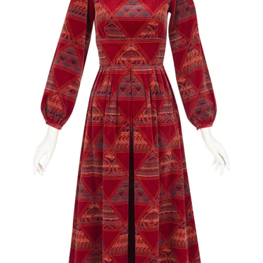 Saks Fifth Avenue 1975 Vintage Geometric Print Red Cotton Velvet Dress Sz XS 