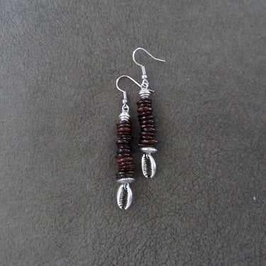 Stacked mother of pearl shell earrings, brown and silver 