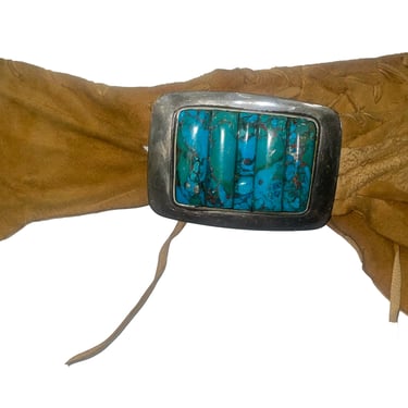 Small Bear Ponca 80s Large Silver and Turquoise Buckle on Raw Edged Suede Belt