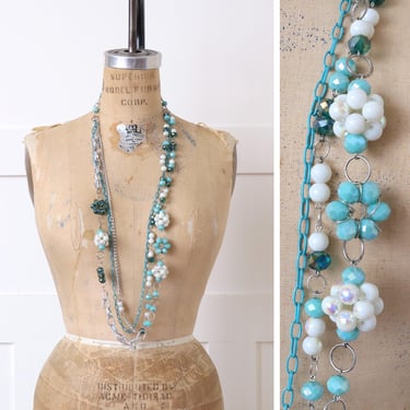 vintage glass beaded statement necklace • long multi-strand turquoise blue & white repurposed chain necklace 