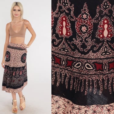 Indian Wrap Skirt 70s Hippie Boho Midi Batik Skirt 1970s Cotton Floral Bohemian High Waisted Festival Black Beige Red Small Medium Large 