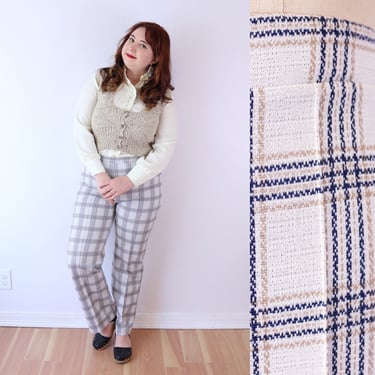 SIZE M / L Vintage Wide Flare Leg Light Academia Trousers -  70s White & Blue Plaid Stretchy Pull On Pants - Disco Pants 