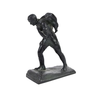 1930’s Depression Era Bronze Sculpture Hunter Carrying Deer Kill by Laboyteaux 