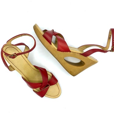 Vintage 1970s Yo Yo's Wedgies, 70s Red Leather Ankle Strap Sandals, Iconic Rubber Cut-Out Wedge Heel Shoes, Size 6 US, VFG 
