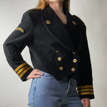 Vintage Black Limited Military Style Double Breasted Cropped Blazer Jacket, Size M 