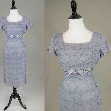 50s 60s Lace Cocktail Party Dress - Gray w/ a touch of Blue - Ferman O'Grady - Vintage 1950s 1960s - S 