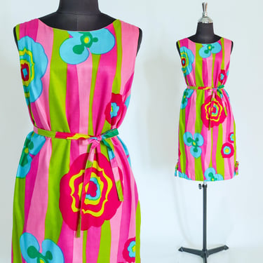 1960s Colorful Print Mini Dress | 60s Op Art Pink Sleeveless Dress | Screen Printed | Medium 