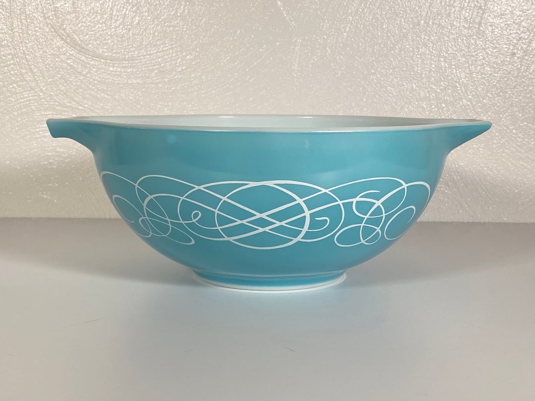 Pyrex Turquoise Scroll Serving Bowl 1959 Promotion Cool Cat Vintage York PA