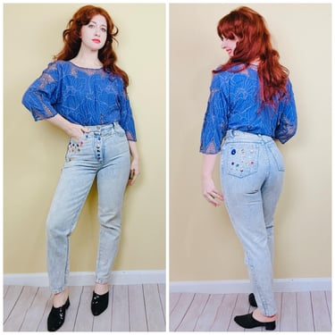 1980s Vintage Stefano Sportswear Acid Wash Beaded Jeans / 80s Rainbow Star Jewel Concho High Waisted Denim Pants / Waist 26