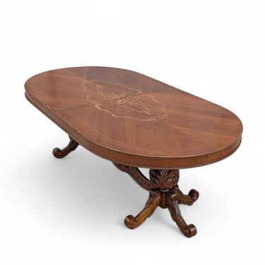 Antique Renaissance Revival Marquetry Dining Table • Oval Walnut Inlay Table • Carved Double Pedestal Base • 87” Vintage Dining Table 
