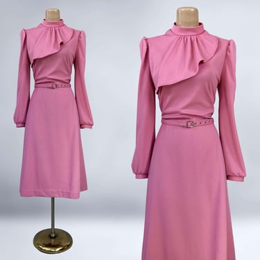 VINTAGE 70s Pink Flounce Neck Day Dress with Belt by Dutchmaid Sz 12 | 1970s Does 40s Fit n Flare Dress | VFG 