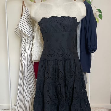 Vintage 1990s BCBG Max Azria Black Tiered Eyelet Strapless Dress - Size Small - Boho Chic Summer Dress 