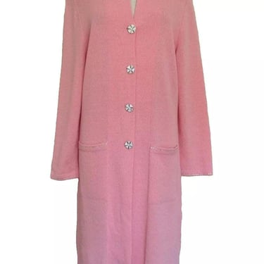 Santana Knit Coat, Vintage 80s Todd & Olivia, Size 12 Women, Pink Wool Blend Knit, Crystal Trim, Midi Cardigan Coat 