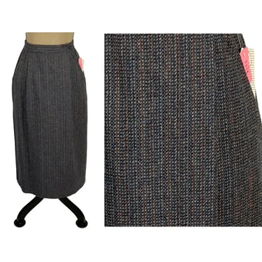 XS ~ 80s Tweed Midi Skirt with Pockets, 25.5" High Waist Pencil Skirt, Wool Blend Office Winter Academia, 1980s Clothes Women Vintage 