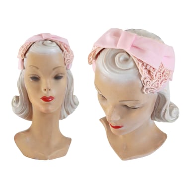 1950s Pale Pink Bow Half Hat - 1950s Pink Calot - 1950s Pink Half Hat - Vintage Half Hat - Vintage Calot Hat - 50s Pink Hat - 50s Spring Hat 