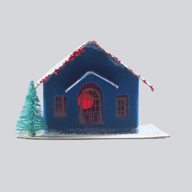 Retro Blue Flocked Putz House with Red Glitter Trim, Holiday Village for Mantel or Table Scenes 