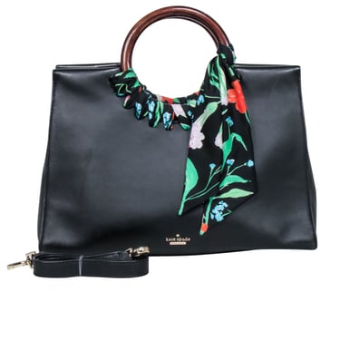 Kate Spade - Black Leather Shoulder Bag w/ Wood Circle Handles &amp; Floral Detail