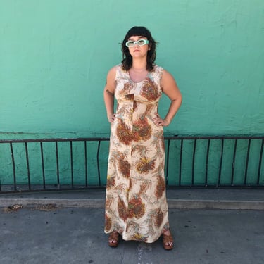 70s Poly Abstract Peacock Maxi Dress