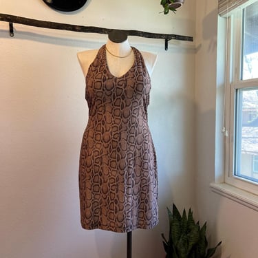 Vintage Y2K Brown Cobra Snake Skin Print Halter Deadstock Mini Dress Size XL 