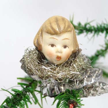 Antique German Porcelain Doll Head in Tinsel Clip On Christmas Tree Ornament, Vintage Holiday Decor 