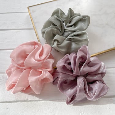 jumbo large silk organza chiffon scrunchies, cute pretty girly cottagecore hair accessories, scrunchy set 