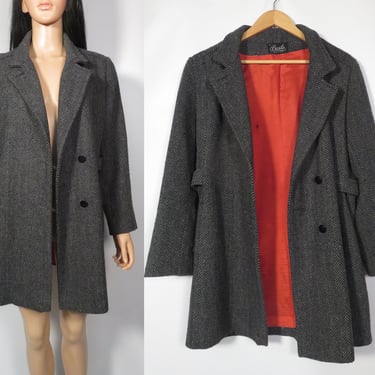 Vintage 80s Classic Gray Herringbone Tweed Wool Jacket Made In USA Size M 