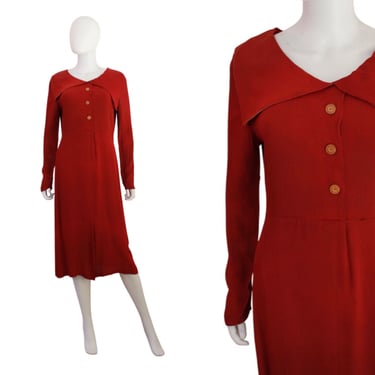 Early 1930s Red Rayon Day Dress with Bib Collar - 30s Red Dress - 30s Day Dress - 1930s Rayon Dress  - Mid 1930s Dress | Size Medium / Large 