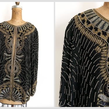 Vintage ‘80s ‘90s Tan Chho beaded silk jacket | plus size vintage fashion, gender neutral, 1x 