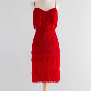 Fabulous 1970's Cherry Red Fringe Flapper Style Dress / Med