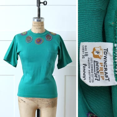 vintage early 1960s cotton pocket tee • hippie embroidered teal green Towncraft Prep t-shirt 