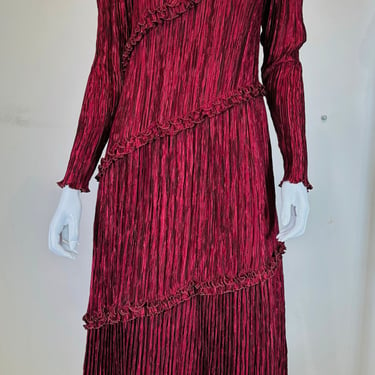 Mary McFadden Garnet &amp; Gold Pleated Peaked Shoulder Asymmetrical Hem Dress 1970s