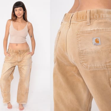 90s Carhartt Jeans Double Front Utility Pants Tan Workwear Carpenter Pants Cargo Straight Leg Vintage 1990s Work Wear Men's 36 x 30 Large 