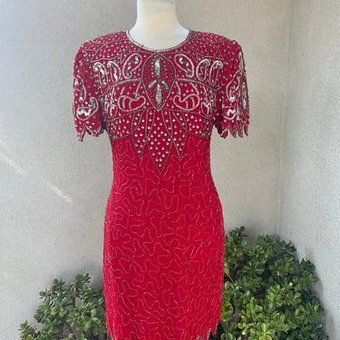 Vintage NWT sequin bead red cocktail shirt dress PXL keyhole back by Laurence Kazar 
