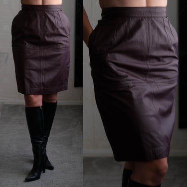 Vintage 80s CHRISTIAN DIOR Plum Purple Leather High Waisted Pencil Skirt | 100% Genuine Leather | 1980s DIOR Designer Leather Knee Skirt 